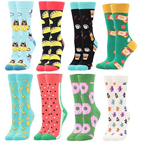 Women's Fun Dress Socks Crew Colorful Funky Fancy Novelty Funny Casual Patterned Socks for Lady (5-8.5, 8 Pairs-Cupcat) Cover