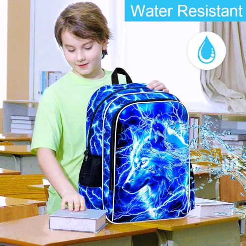 Image of 3Pcs Wolf Backpack for Boy, 17 inch Lightning Bookbag for Elementary Preschool Kindergarten, Kids School Backpacks with Lunch Box (Blue)