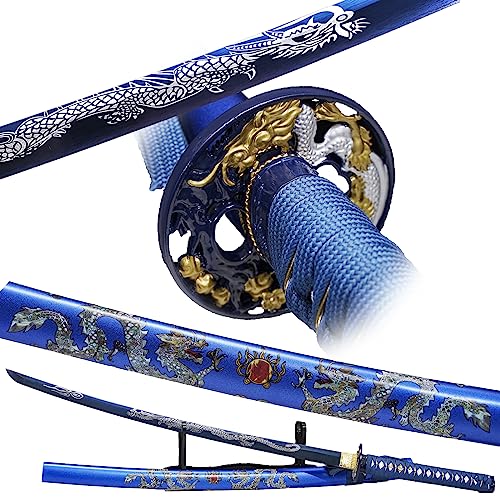Handmade Japanese Samurai Katana Sword,41 inch 1060/1095 High Carbon Steel Full Tang Metal with Stand Katana,for Man Gift Cosplay Decoration Blue
