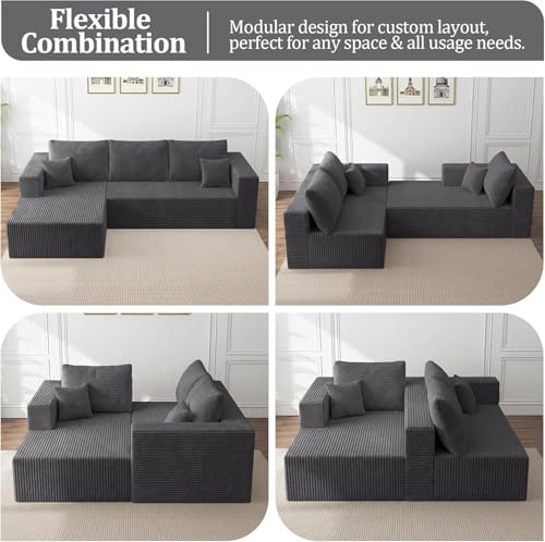 Image of 118 inch Modular Sectional Sofa with Chaise and Ottoman, Oversized U-Shaped Corduroy Cloud Couch, Deep Seat Boneless Couch for Living Room, No-Assembly - Grey(Left Facing Chaise)