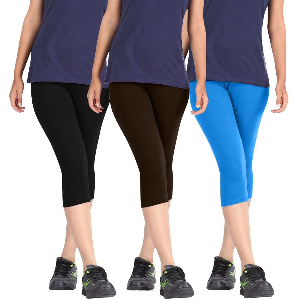 pixie fashion Biowashed Cotton Stretchable Capri Legging Combo Pack of 3 for Women/Girls/Ladies (Black, Dark Brown and Sky Blue) - Free Size-picture-39