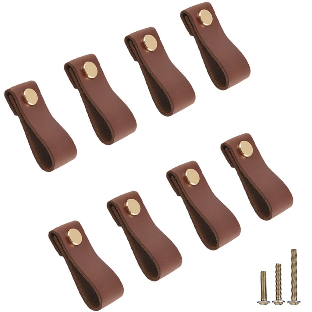 yusheng 8 Pack Soft Genuine Leather Drawer Pulls Handle,Wardrobe Cabinets Kitchen Closet Knobs Door Pulls Handles knobs with Screws,Home Decoration,