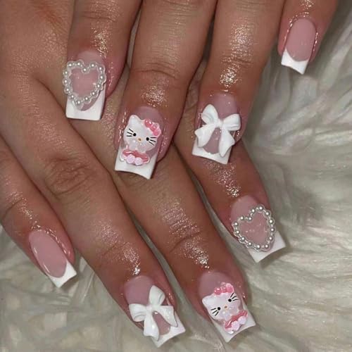 French Tip Press on Nails Short Cute Pink Nail Art Cartoon with Pearl Heart Bow Design White French Nails Press ons False Nails Fashion Fingernails 24pcs