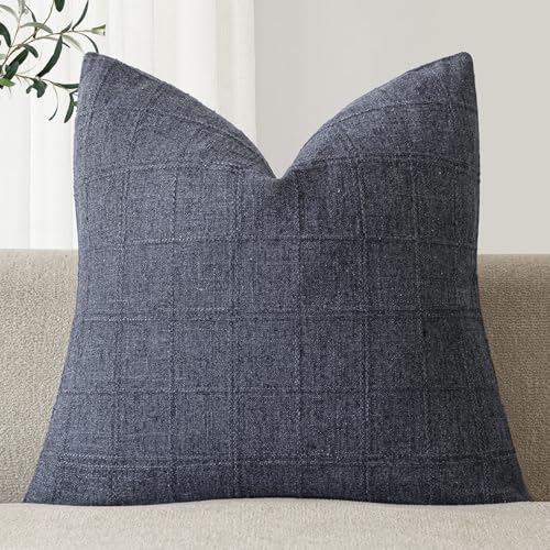 Image of Foindtower Set of 1 Decorative Linen Check Throw Pillow Cover Neutral Farmhouse Vintage Cushion Cover Modern Boho Home Decor for Sofa Chair Couch Bedroom Living Room,20x20 Inch,Navy Blue