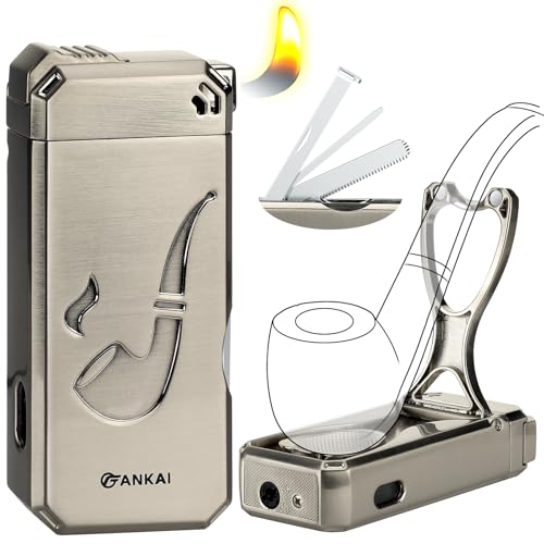 Rohrfeuerzeug mit Rohrhalter, 3-in-1-Reinigungswerkzeuge, nachfüllbares Butan-Feuerzeug mit abgewinkelter weicher Flamme, Pfeifenfeuerzeuge (Butan...