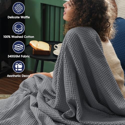 PHF 100% Cotton Waffle Weave Blanket Double Size 150 x 200cm, Pre-Washed Lightweight Breathable Throw Blanket for Summer, Oeko-TEX Certified for Bed Sofa, Home Decor, Charcoal Grey - Image 4