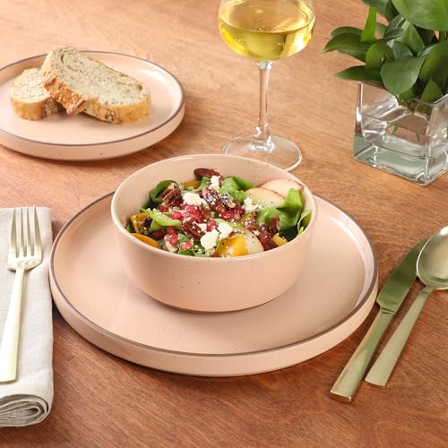 Image of Gibson Elite Northrock Stoneware Dinnerware Set, 12-Piece Service for 4 Plates and Bowls Set - Pink Dishes with Hand-Painted Terracotta Base
