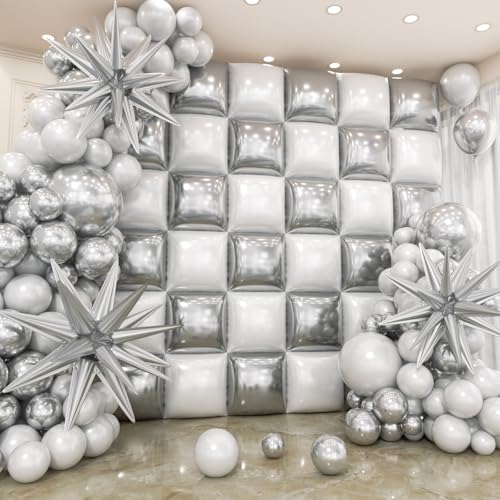 Image of 36pcs White and Silver Square Foil Balloons Wall Backdrop with 147pcs Balloon Garland Arch Kit, Double Sided Balloons for Bachelorette Wedding Birthday Engagement Anniversary Party Decorations