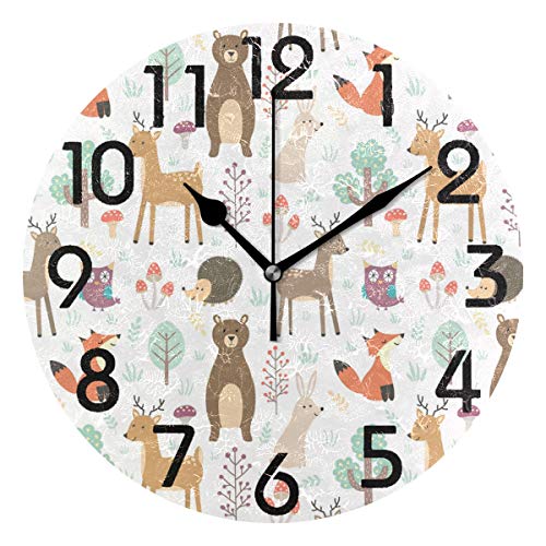 Naanle Lovely Cute Cartoon Forest Animal Deer Fox Bear Owl Pattern Round Wall Clock Decorative, 9.5