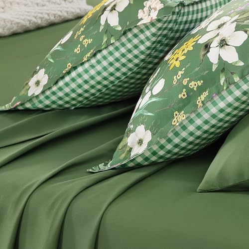 Image of Andency King Size 7 Piece Reversible Bed in a Bag - Botanical Floral & Gingham Comforter Set, Farmhouse Vintage Rustic Comforter,Forest Green