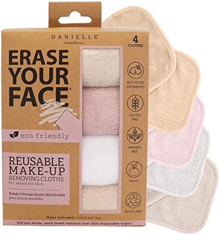 ERASE YOUR FACE Face Reusable Makeup Removing Cloths With Friendly Packaging By Danielle Enterprises 4 pack D50007, ECO, 1 Count