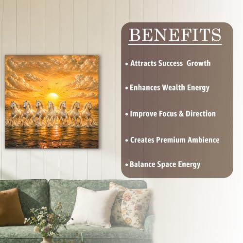 Image of PAINTINGMANTRA 7 White Running Horses Framed Wall Art Painting For Living Room, Vastu Poster with frame for Wall, Decoration item for bedroom, 10x13 Inch