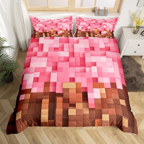 jejeloiu Toddler Size Pixel Bedding Set for Kids Boys Girls Gaming Comforter Cover Pink and Brown Duvet Cover Bedroom Decor Soft Microfiber 2Pcs,No Stuffing