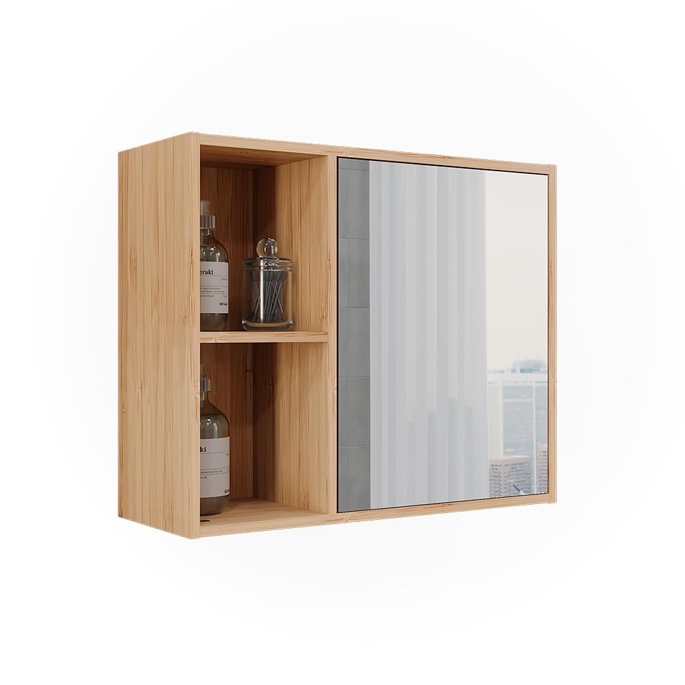 Vicco Mobile a specchio per il bagno Lucie, Bambù, 54 x 44.5 cm con specchio, adatto per la conservazione salvaspazio di accessori da bagno