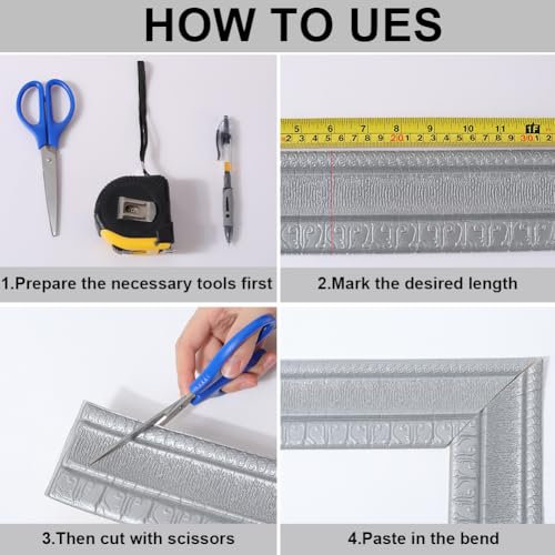 Image of GORGECFAFT 2.3mx79mm 3D Wall Edging Foam Flexible Wallpaper Border Silver Gray Crown Molding Peel and Stick Mirror Edging Frame Lines Wall Base Ceiling Baseboard for Home Furniture DIY Decor