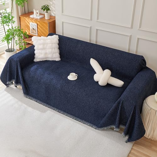 Royhom Manta Cubre Sofa, Fundas para Sofas 2 y 3 Plazas, Funda para Sofá Universal, Fundas Sofá de Chenille Antiarrugas con Borlas Decorativas, Azul Marino, 180x340 cm