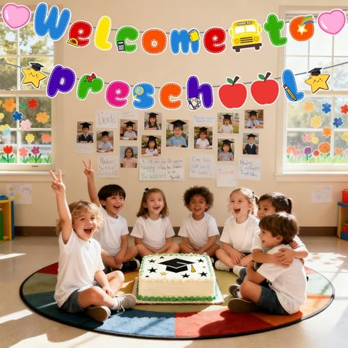 Image of Welcome to Preschool Banner for First Day of Preschool Decorations | Pre-Strung, Back to School, Classroom Office Hallway, Paper, Children Kids