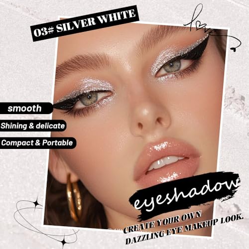 Image of WanTuoluo Sparkly Eyeshadow Palette for Women, Single Monochrome Eye Shadow Makeup, Shiny Pressed Cream Powder, Blendable Natural sombras para ojos, Holographic,Vegan,Travel (03-Glitter-Silver White)