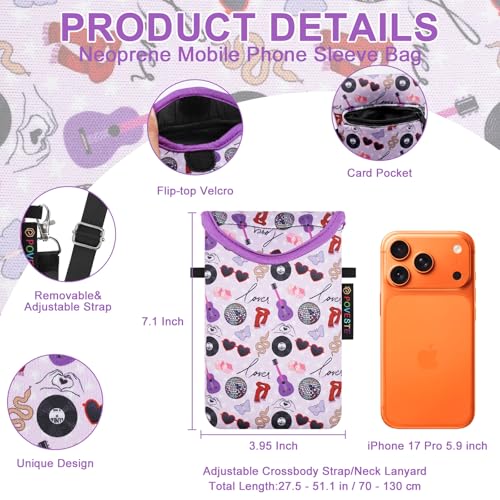 Image of POVESTE Neoprene Cell Phone Sleeve Pouch Case Bag with Crossbody Strap Lanyard for Women, Flap Closure Secure Cell Phone Bag with Pocket for Cards, Cash. (On Tour Purple)