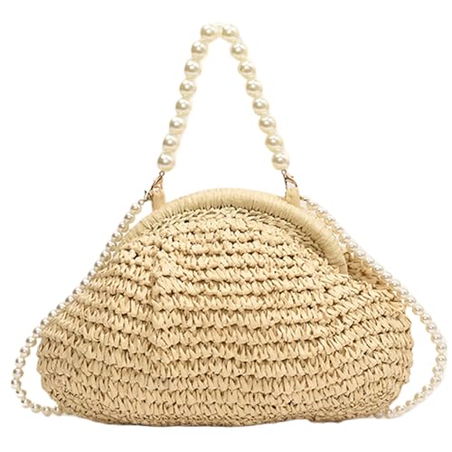 Straw Purse Cloud Dumpling Bag Elegant Woven Purse with Pearl Handle and Shoulder Strap Handbag Crossbody Bags for Women Summer Beach Travel Dating Beige, Straw, Christmas Decor