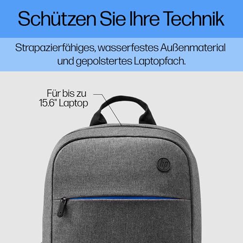 HP Prelude Laptoprucksack 15,6 Zoll – wasserabweisend, leicht & robust – Notebook Rucksack für Reisen, Business, Schule & Uni – gepolstert, mit Trolley-Gurt & Zubehörfächern – Grau