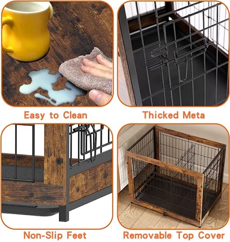Piskyet Wooden Dog Crate Furniture With Divider Panel, Dog Crate End Table With Fixable Slide Tray, Double Doors Dog Kennel Indoor For Large Dogs-Rustic Style, 38 * 25 * 26.5'' #TOP5