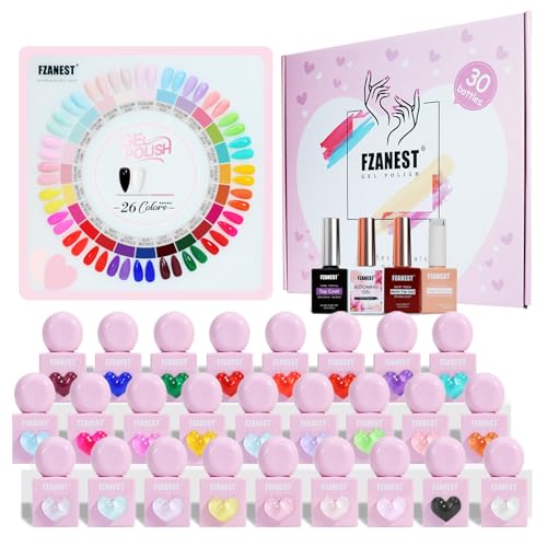 FZANEST 30pcs Gel Nail Polish Set HEAM-free TPO-free Professional 10ml 26 Bright Spring Summer Candy Colors DIY Gel Nail Kit with Base Top Coat Matte Top & Blooming Unique Pink Heart Shaped Bottle