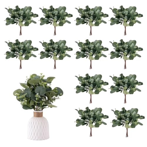EIROVYA 12 piezas plantas artificiales, ramas artificiales de plantas de eucalipto, hojas flores artificiales, plantas decorativas para interiores, jardín, dormitorio, jarrón, decoración