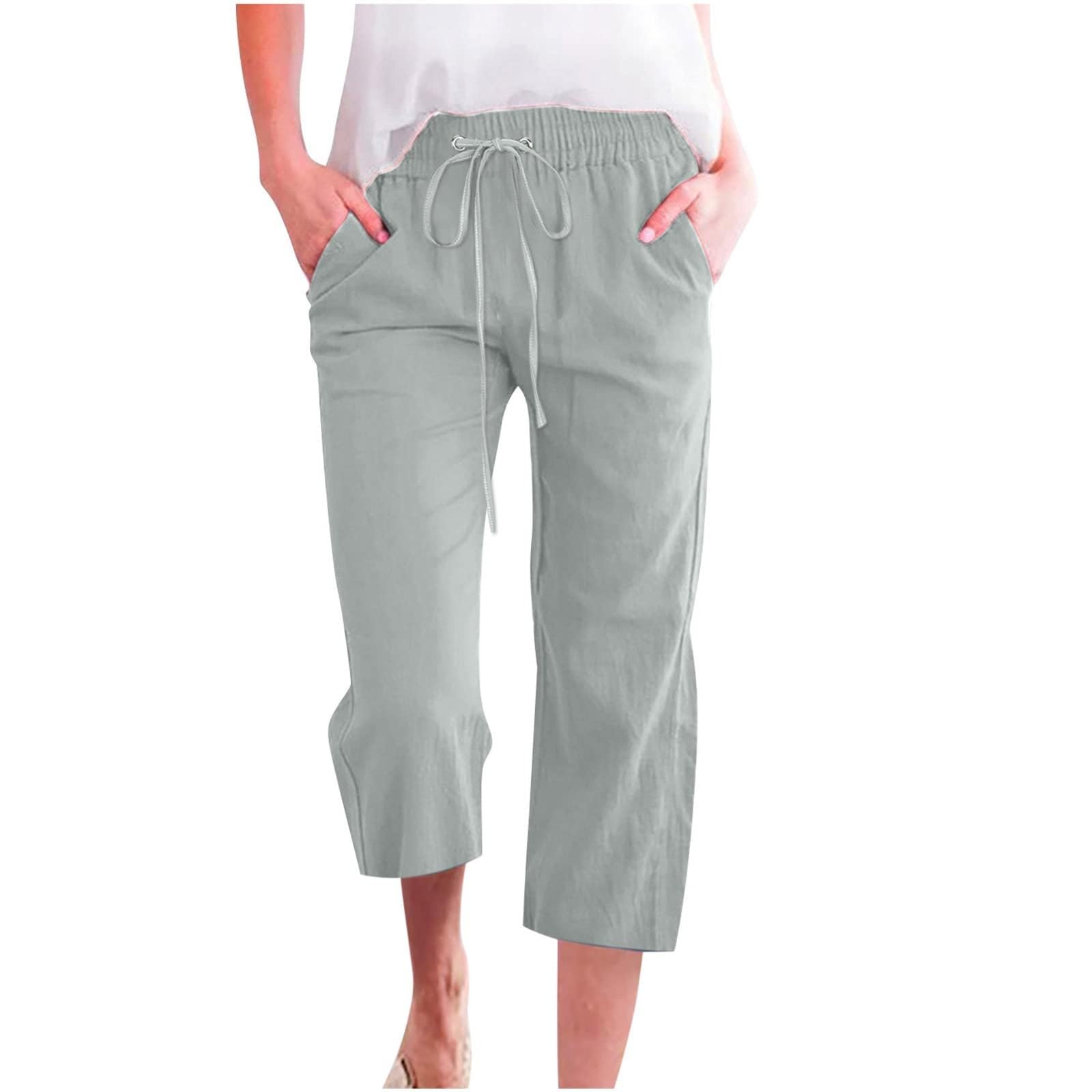 KIKX0DE Womens Summer Fashion Capri Pants Casual Drawstring Elastic High Waist Linen Pant Straight Cropped Trousers