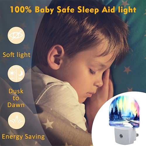 Image of Northern Lights and Forest Night Light for Kids,Winter Aurora Borealis Fir Trees Plug in Night Light with Dusk to Dawn Sensor, 0.5w Energy Saving Nightlight for Hallway Stairway Kitchen Bedroom