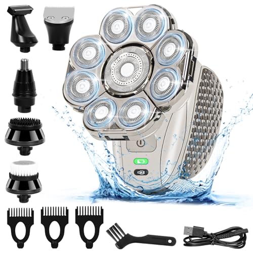 Rasoir Electriques Hommes, 9D 6 en 1 Rasoir Electriques Chauve Rechargeable Rasoirs à Têtes Rotatives IPX7 Étanche Sec et Humide Professionnelle Barbe Corps Nez Oreilles Tête et Visage