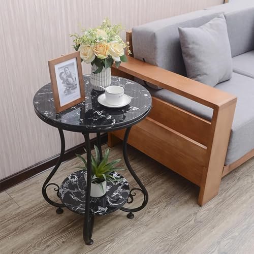 Image of Modern Double-Top Coffee Table with Rustic Farmhouse Accent, Multipurpose Living Room Bedroom, Two-Tier Small Sofa Side Bedside Table with Metal Frame Nightstand (Black)
