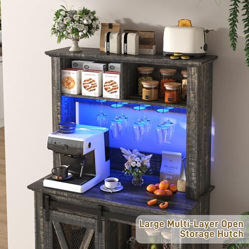 Image of 31.5 inch Wide Farmhouse Coffee Bar Cabinet with LED Light,Wine Bar Cabinet w /2 Storage Hutch,Kitchen Buffet Cabinet w /Sliding Barn Door & Wine and Glass Racks for Kitchen Dining Room(Dark Rustic Oak)