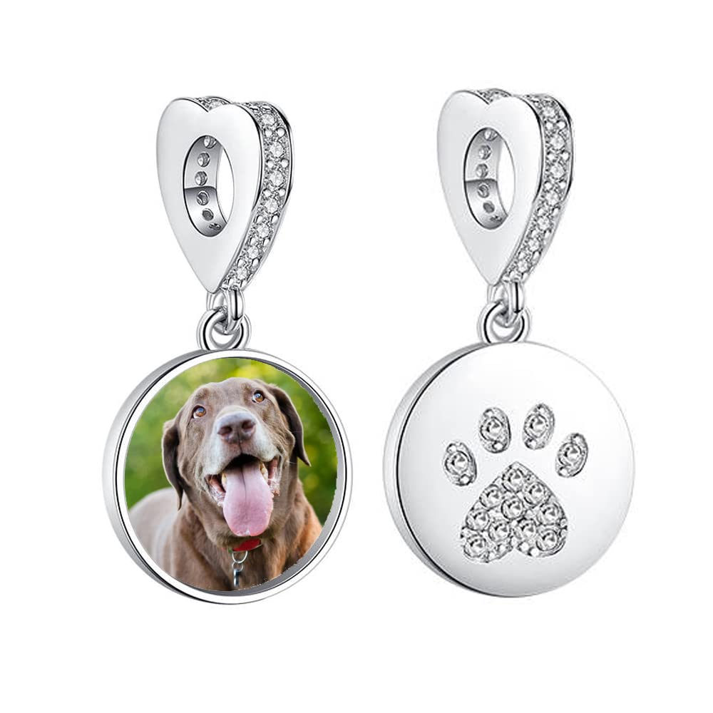 2Burned Personalised 925 Sterling Silver Photo Charm Fit Pandora Bracelet Necklace Customized Heart Round Shape Picture Bead (Paw Round Dangle)