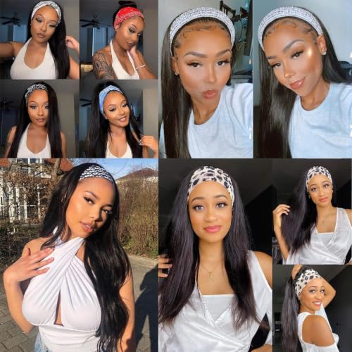 Image of Aiterina Straight Headband Wig Human Hair Wigs Brazilian Virgin Hair Machine Made Headband Wig Non Lace Front Human Hair Wigs 150% Density Headband Wig for Women Natural Color 14 Inch