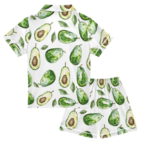 ALAZA Watercolor Avocado White Satin Pajamas Set Short Sleeve Button Down Sleepwear Summer Pjs 2 Piece2