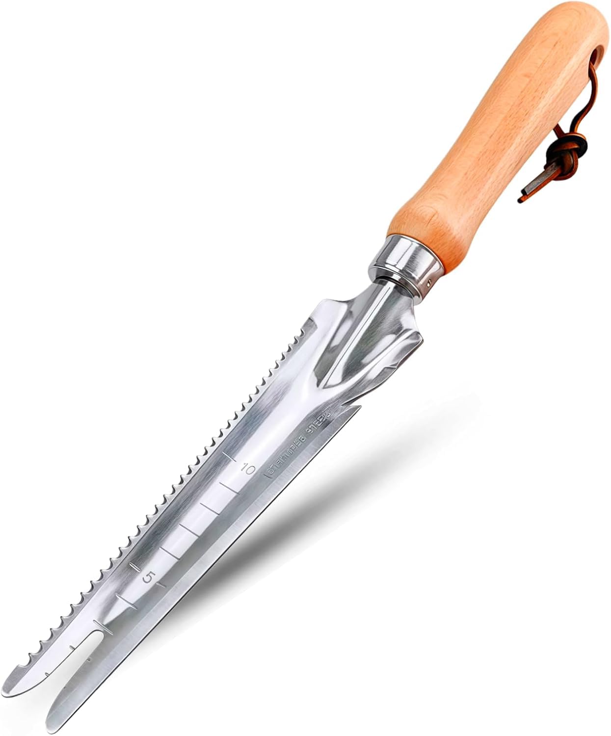 HiChuAng Stainless Steel Hand Weeder Tool, 5-in-1 Manual Weeder with Serrated Edge & Wooden Handle, Root Remover for Garden, Lawn, Patio with Depth Gauge and Leather Hanging Strap