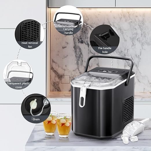 Antarctic Star Countertop Ice Maker,26lbs/24Hrs,9 Bullet Ice Cubes Every 6 Minutes,S/L,Self-Cleaning countertop ice Makers with Basket and Scoop,Perfect for Home, Kitchen, RV, Camping (Black)