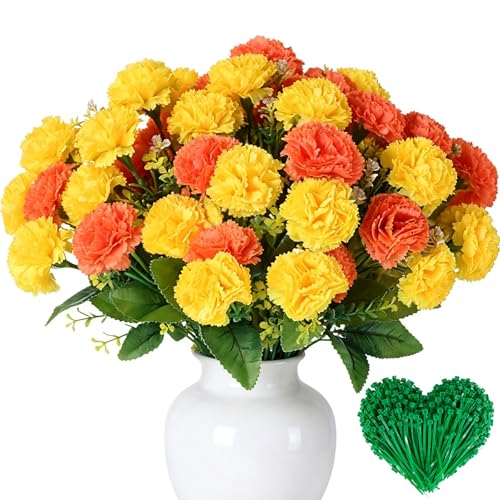 ZenyTra 36 têtes d'œillets jaunes artificiels, 3 touffes avec tiges de 36 cm et 10 ficelles, fleurs en soie de qualité supérieure résistantes aux UV pour décoration funéraire, arches de mariage