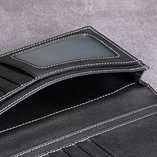 Image of HISCOW Full Grain Leather Men's Long Wallet, 15 Card Slots, Vintage Black, One Size, Classic | Gusseted bill compartment, tall bifold design, clear ID window, ideal for coat pockets or briefcases, turned-edge, gift box