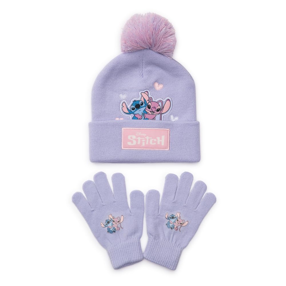 Disney Lilo & Stitch Girls Hat & Gloves Set – Kids Bobble Beanie & Stretch Gloves, Purple Knitted Winter Accessories, Official Merchandise, 100% Acrylic