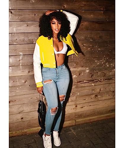 Image of Women Cropped Bomber Jacket Varsity Button Down Baseball Coat Streetwear | Long Sleeve Lightweight Casual Cropped Jacket With Pockets, Spring Autumn Outwear Y2K School Bomber Jackets for Women