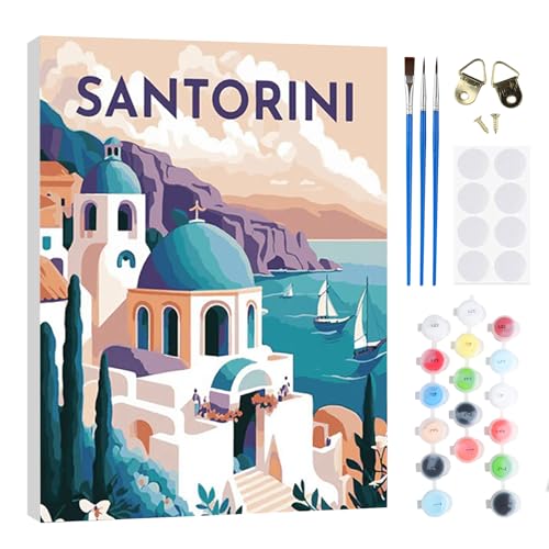 RICUVED SANTORINI Malen nach Zahlen Set mit Rahmen –Burg DIY Paint by Number Kit für Erwachsene und Anfänger mit vorgedruckter Leinwand und Acrylfarben – Malen nach Zahlen Komplettset 20x30cm