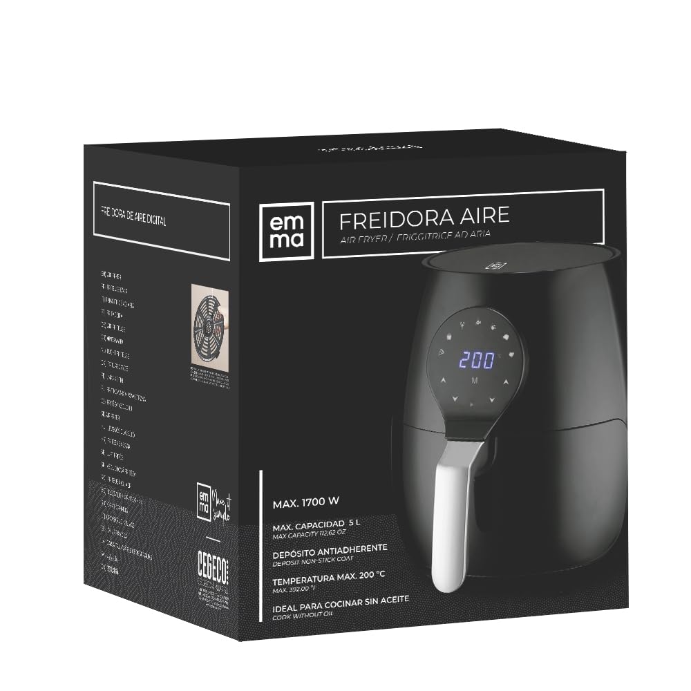 EMMA, Freidora de Aire, 5 L, Antiadherente, 1700W, 30x28.5x33 cm, Negro, Cocina Saludable sin Aceite, Cesta Antiadherente, Temperatura Ajustable, Ideal para Hogar y Familia