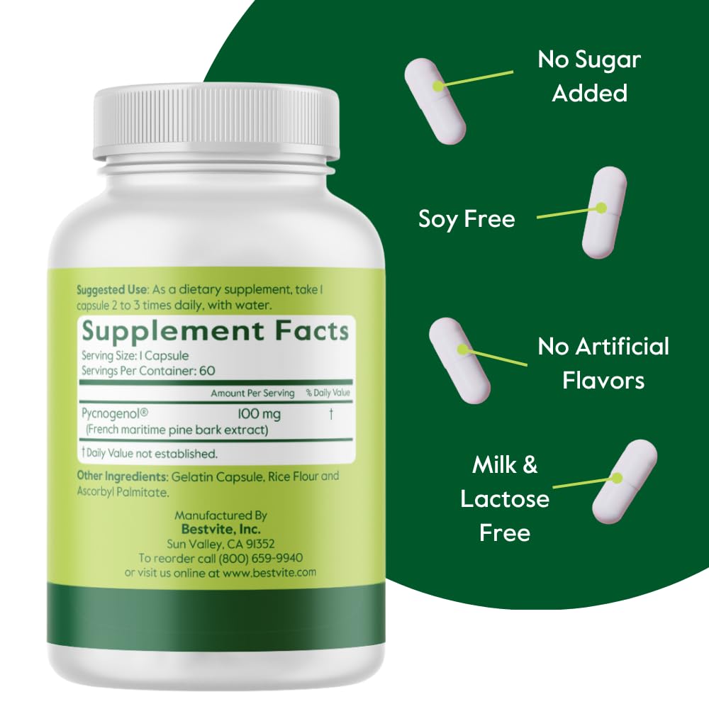 BESTVITE Pycnogenol 100mg (60 Caps) - French Maritime Pine Bark Extract — Amazon image 3