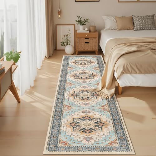 Madane Runner Rugs for Hallway 2x10 Long Washable Non-Slip Hallway Runner Rug Low-Pile Stair Kitchen Runner Soft Throw Carpet for Entrance Living Dining Laundry Room (Orange/Blue, 2 x 10)