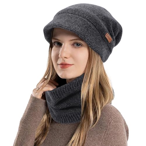 Fjquamitix Winter Mütze Damen mit Schal Set, Strickmütze für Damen mit Visier und Weichem Innenfutter, Warme Herbst Mütze und Schal Kombinationsset