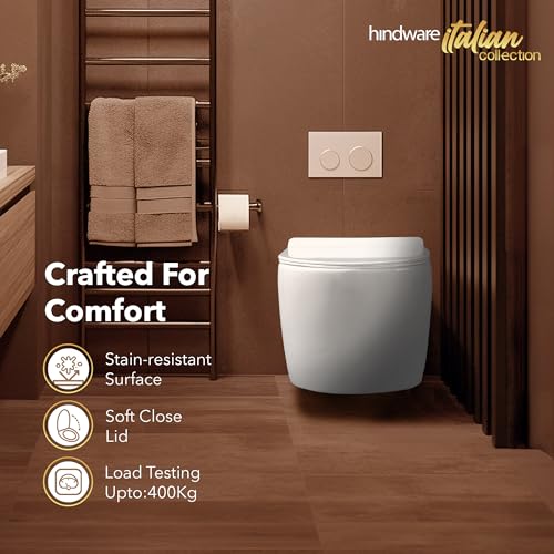 Image of Hindware Italian Collection Splendor Neo Western Commode for Bathroom|Made of Ceramic|Dual Flushing Water Saving|Duroplast Seat Cover|Rimless|Soft Close|Star White|Geometric Shape|Wall Mount