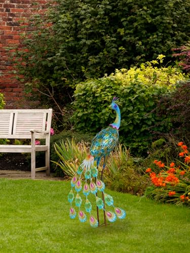 YEAHOME Garden Decor Outdoor Statues, 34" Large Metal Peacock Standing Yard Art, Blue Green Bird Lawn Sculptures Garden Decor for Outside Patio Porch Backyard - Image 3