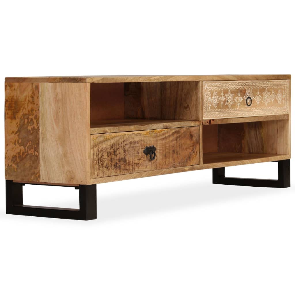 Mobile Porta TV in Legno Massello di Mango 120x30x40 cm con 2 Cassetti e Ripiani, Credenza Rettro Dipinta a Mano per Soggiorno, Mobile Hi-Fi con Gambe in Acciaio